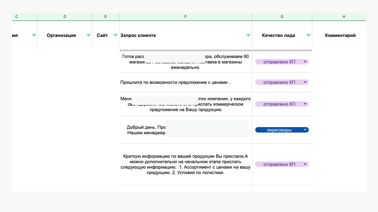 Обезличенный скрин рабочей таблицы Polza с реакциями и классификацией ответов